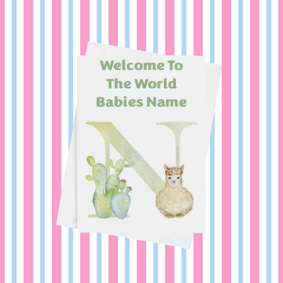 Welcome To The World Llama Personalised Card for New Baby in Green