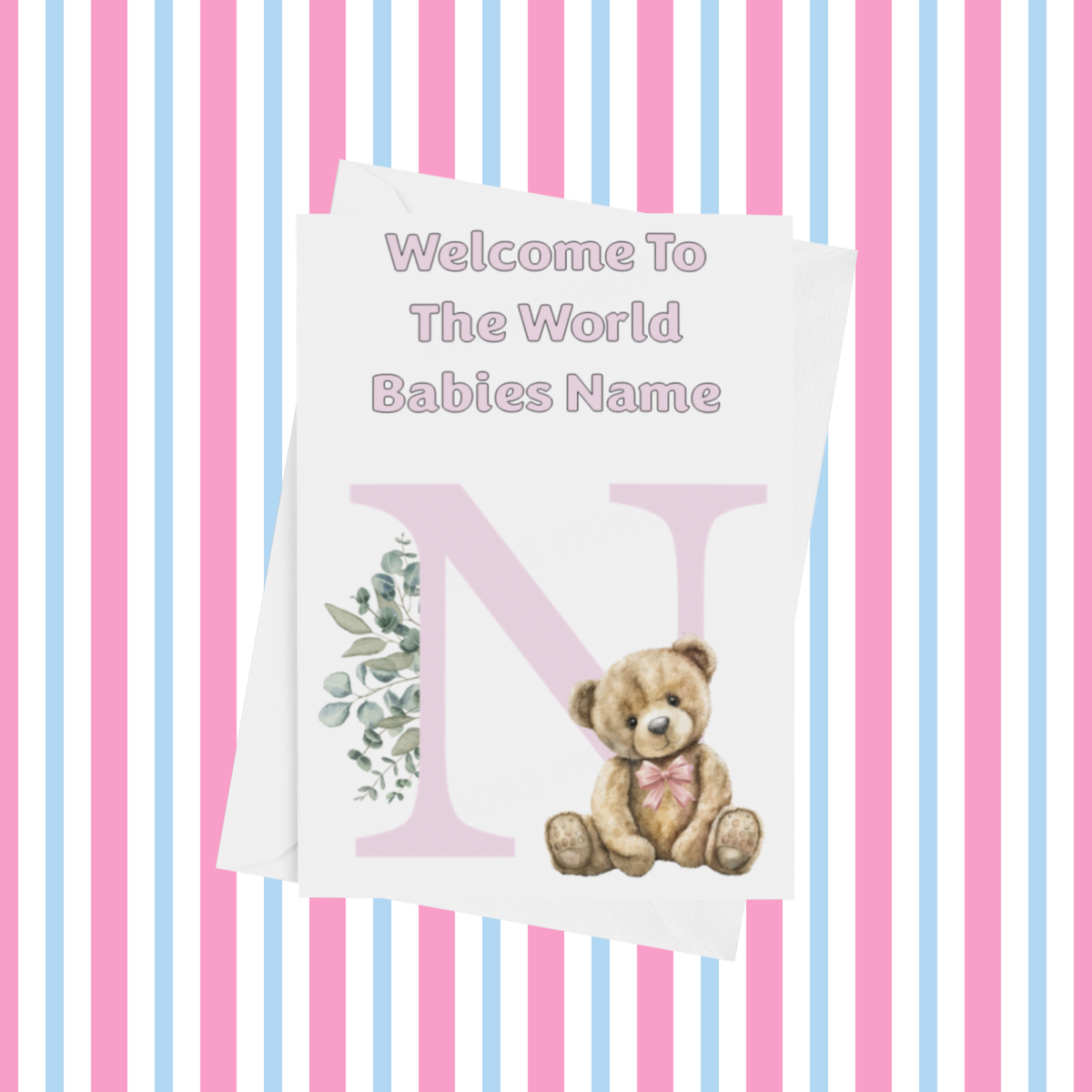 Cute Pink Bear Welcome To The World Personalised Card for New Baby