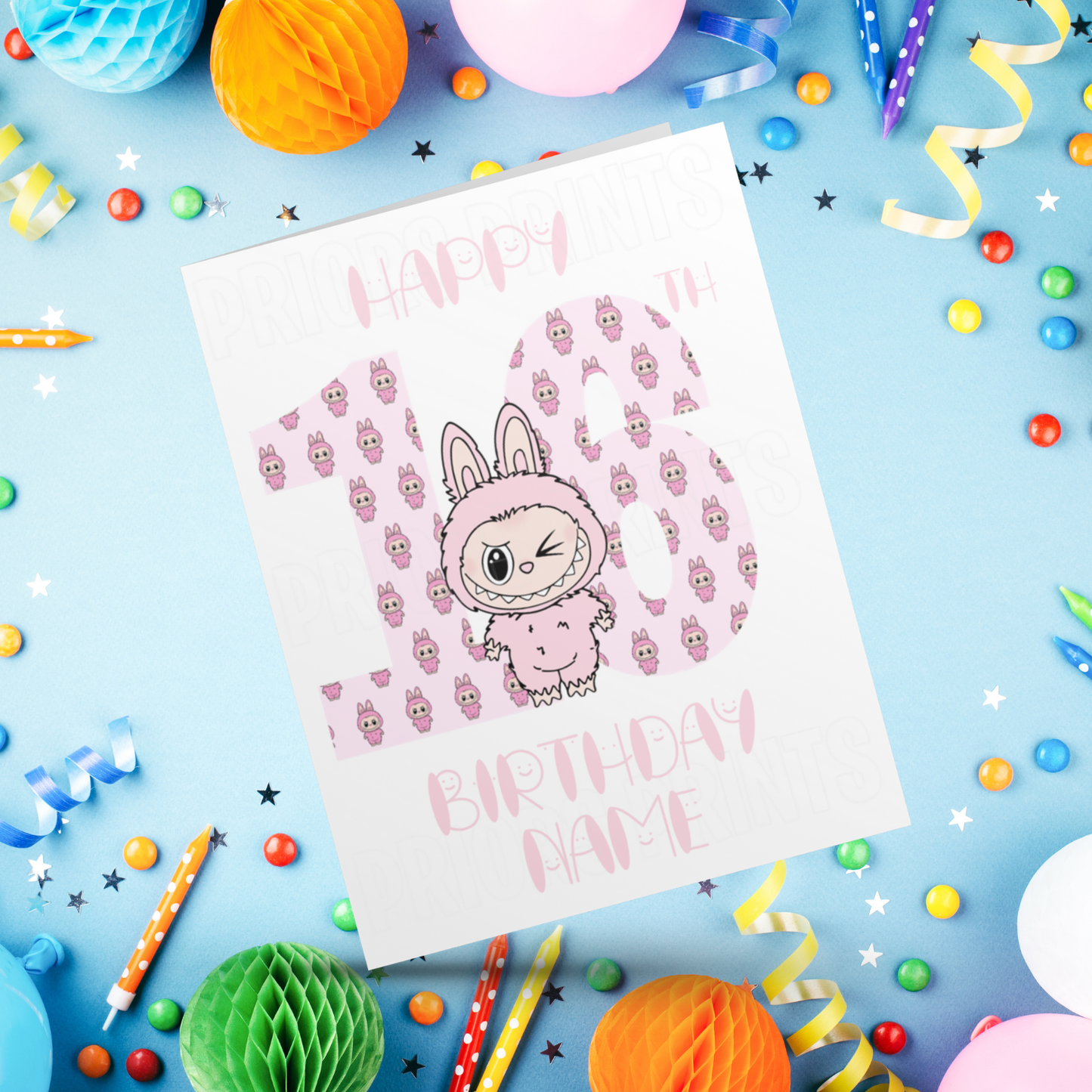 Personalised Labubu Birthday Card with Age 5-20 Years- Pink