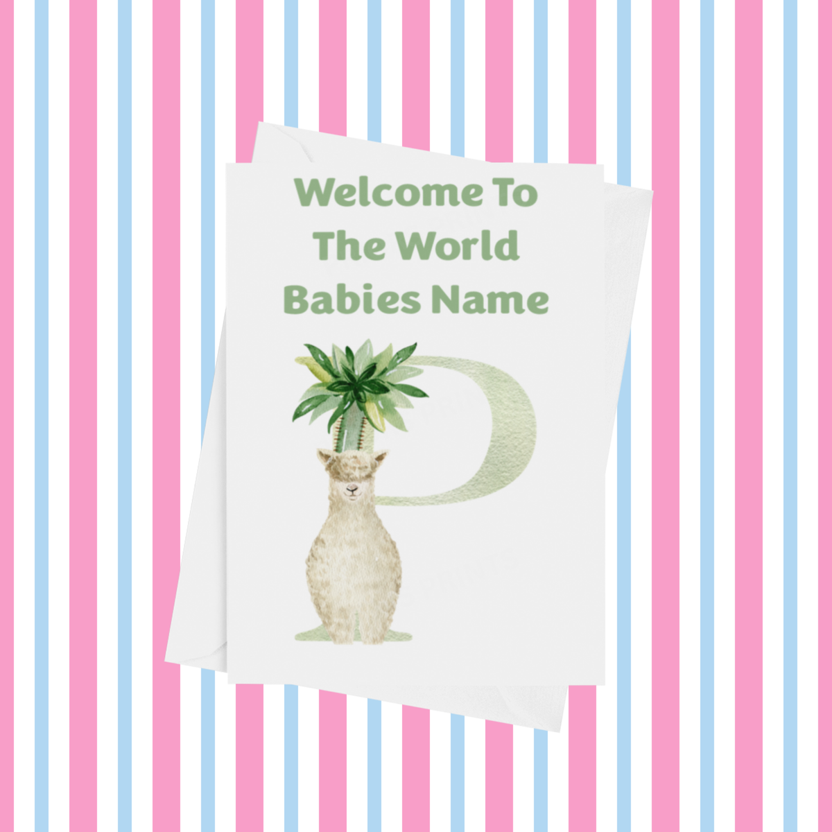 Welcome To The World Llama Personalised Card for New Baby in Green