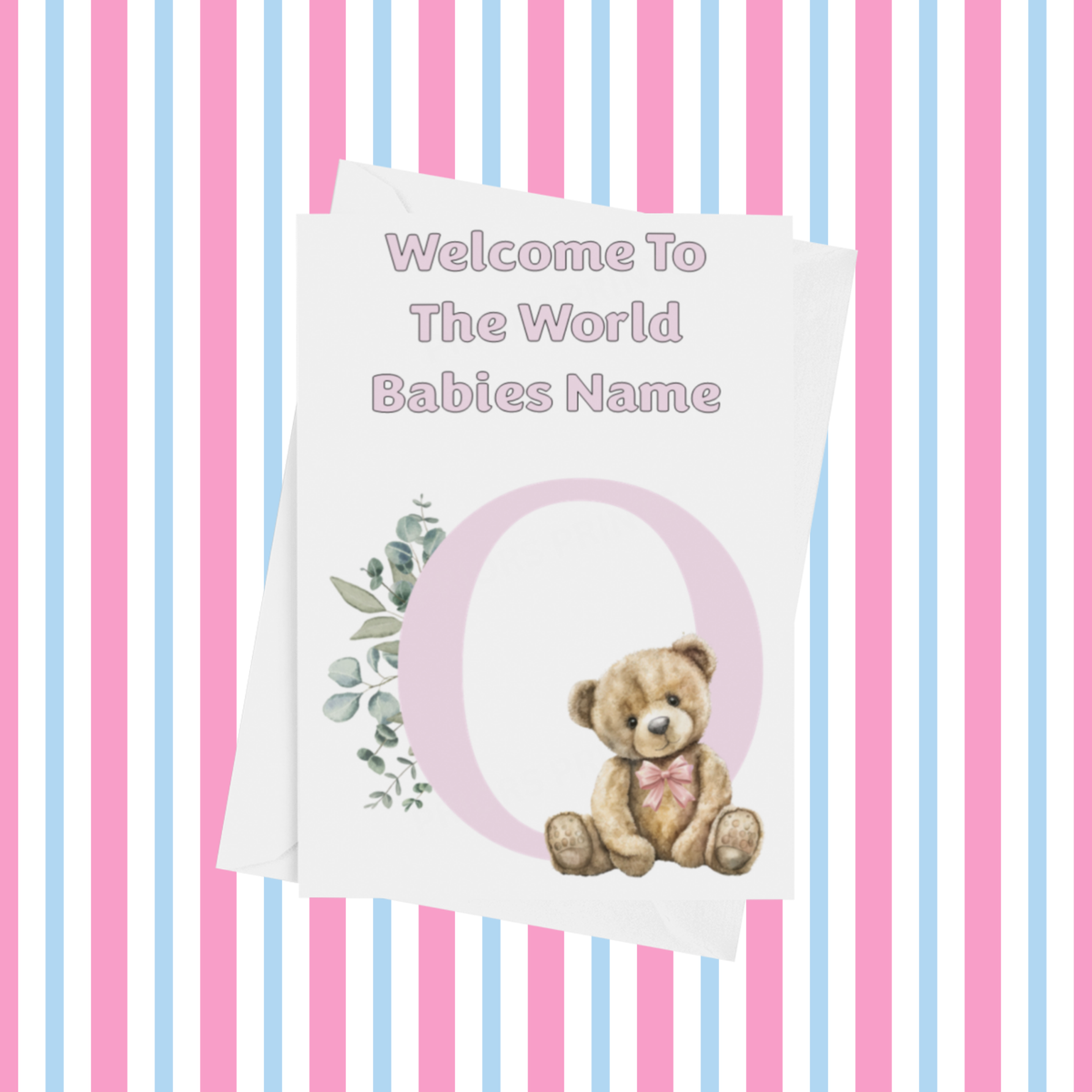 Cute Pink Bear Welcome To The World Personalised Card for New Baby
