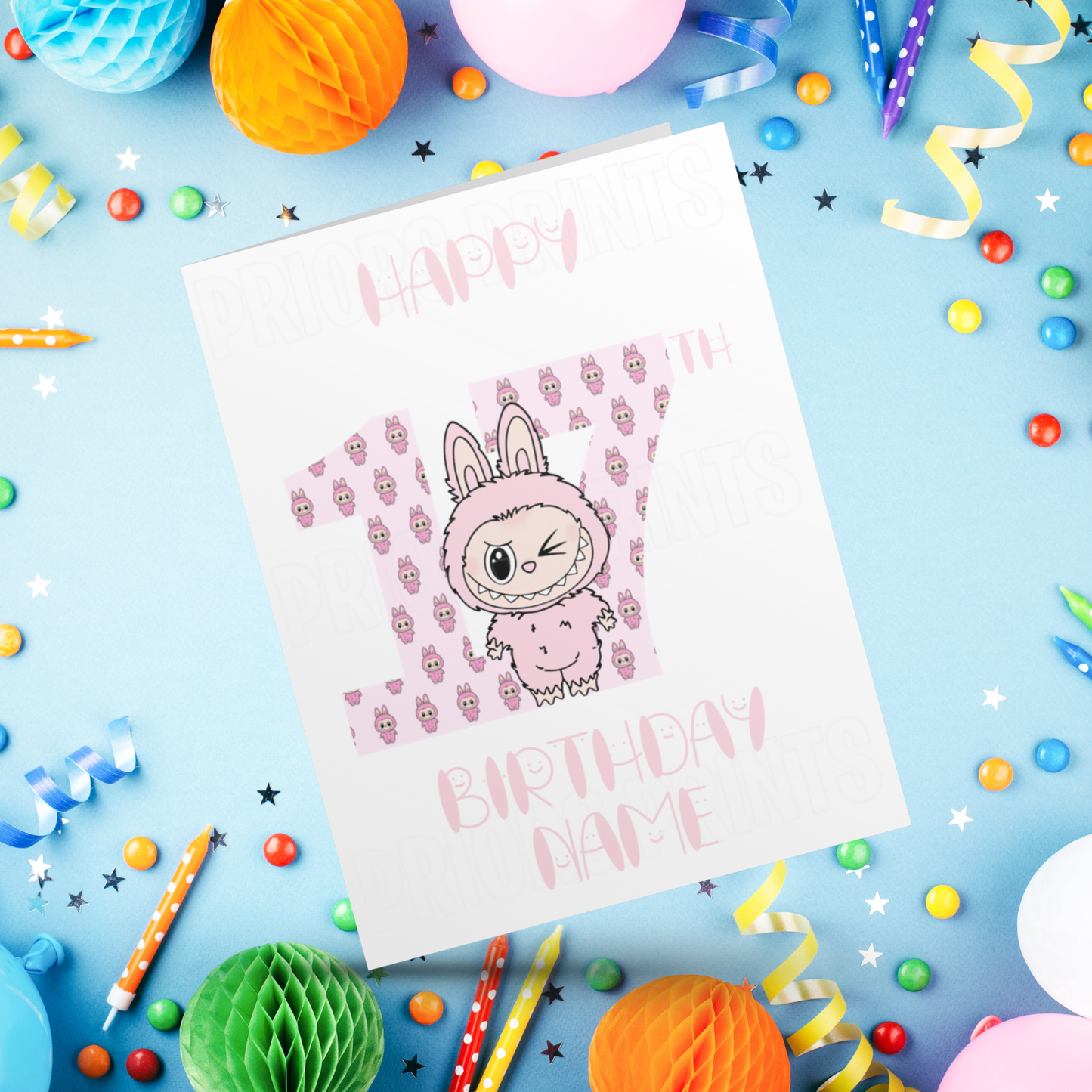 Personalised Labubu Birthday Card with Age 5-20 Years- Pink