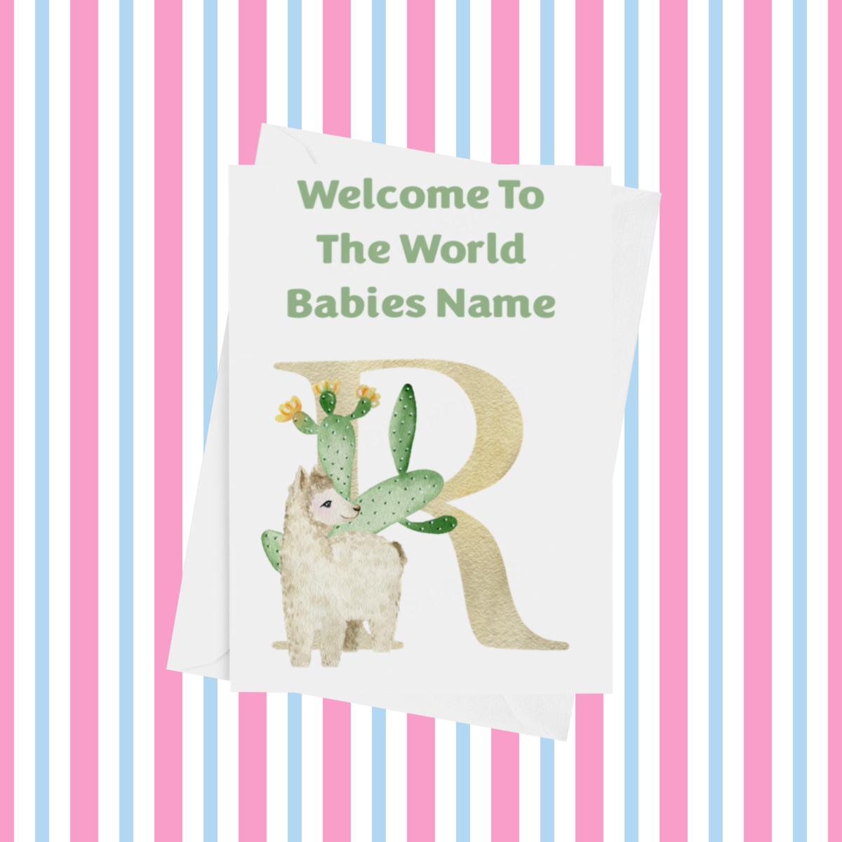 Welcome To The World Llama Personalised Card for New Baby in Green