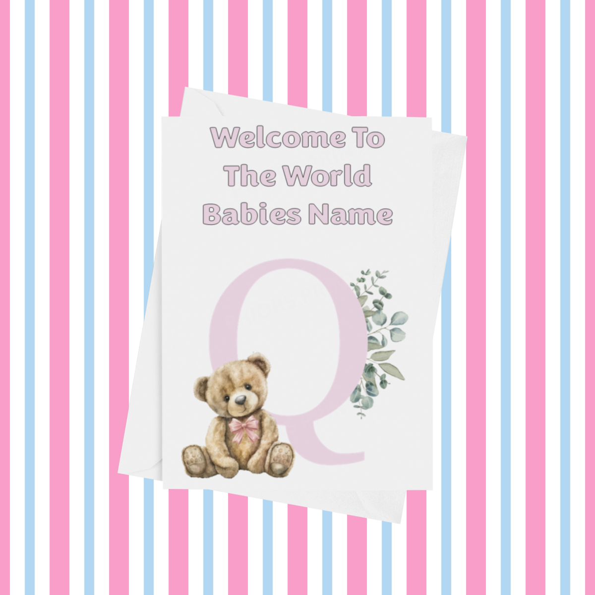 Cute Pink Bear Welcome To The World Personalised Card for New Baby