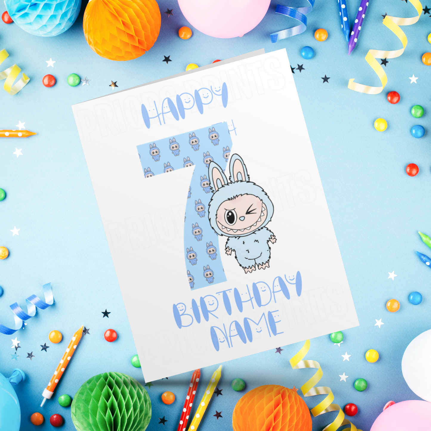 Personalised Labubu Birthday Card with Age 5-20 Years- Blue