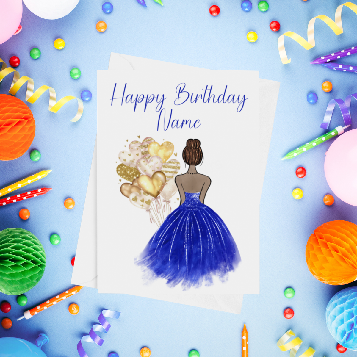 Pretty Dress in Royal Blue Personalised Birthday Card with Choice of Some Skin & Hair Colours