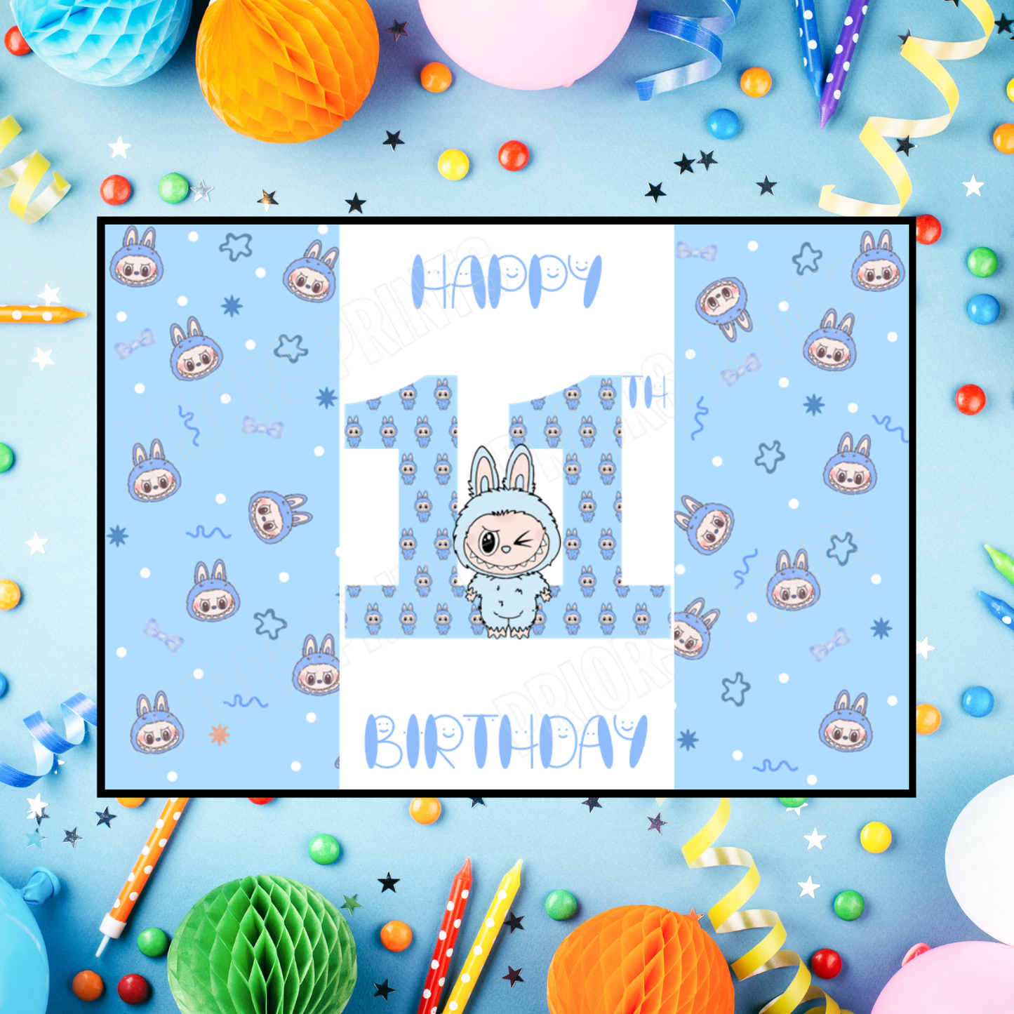 Blue Labubu Birthday Chocolate Bar Wrapper with Age 5-20 Years (Matches Cards)