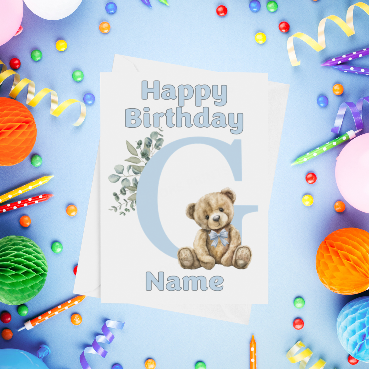 Cute Blue Alphabet Bear Personalised Birthday Card