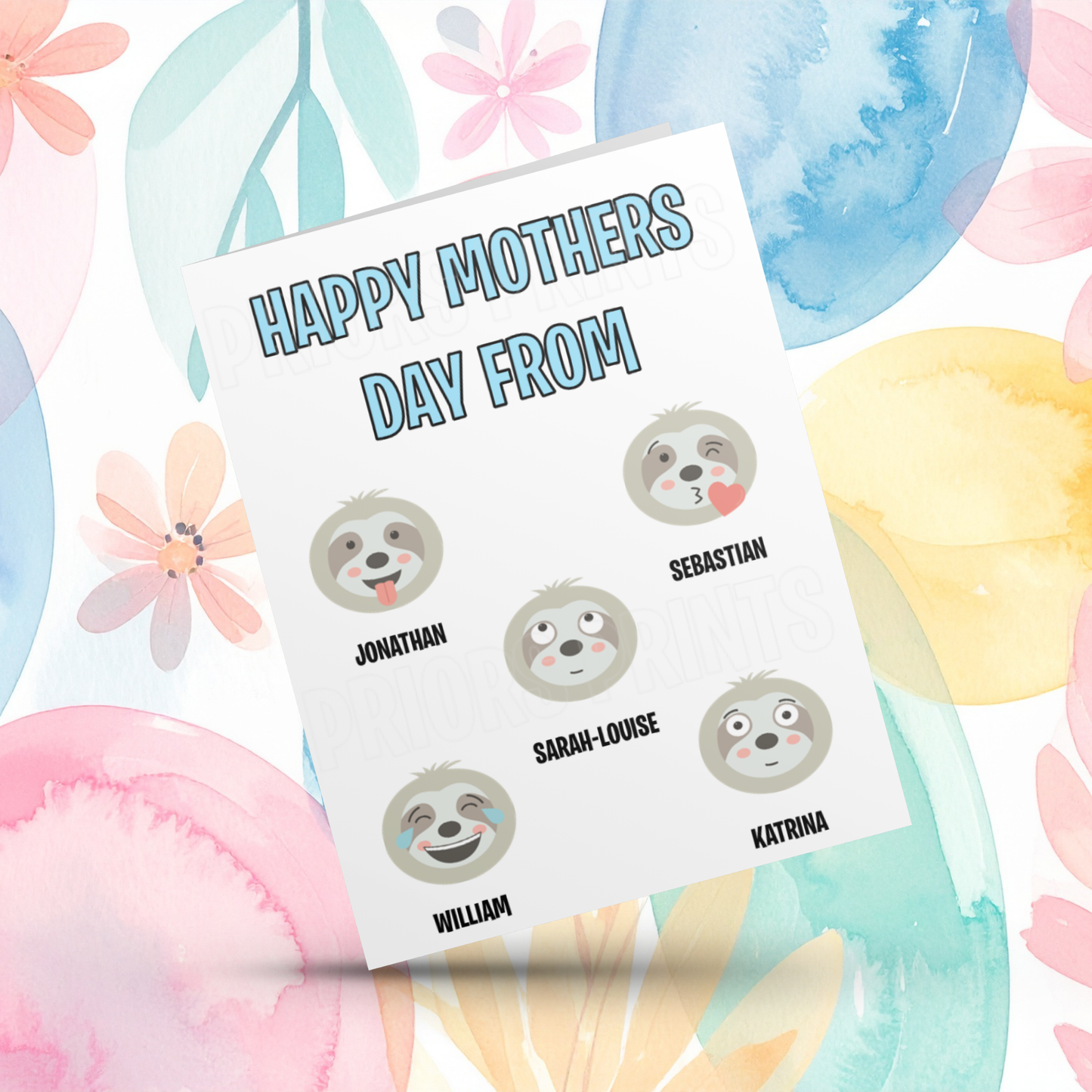 Sloth Personalised Mothers Day Card with Children's Names