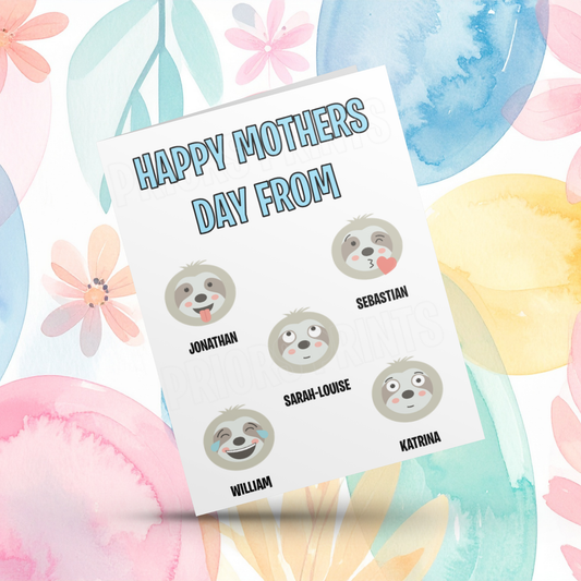 Sloth Personalised Mothers Day Card with Children's Names