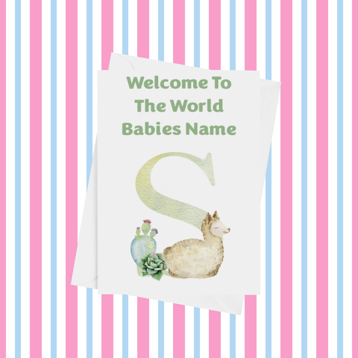 Welcome To The World Llama Personalised Card for New Baby in Green
