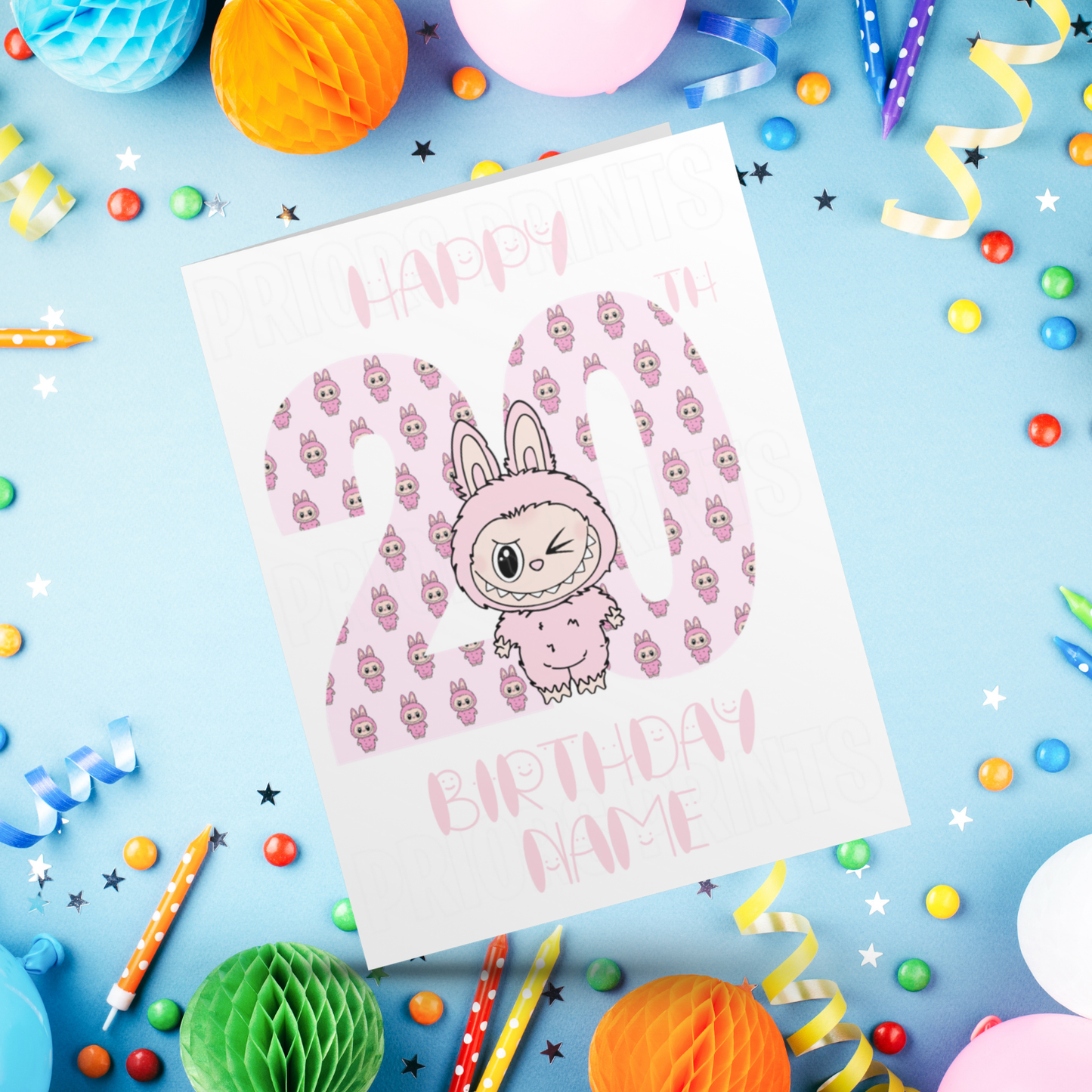 Personalised Labubu Birthday Card with Age 5-20 Years- Pink