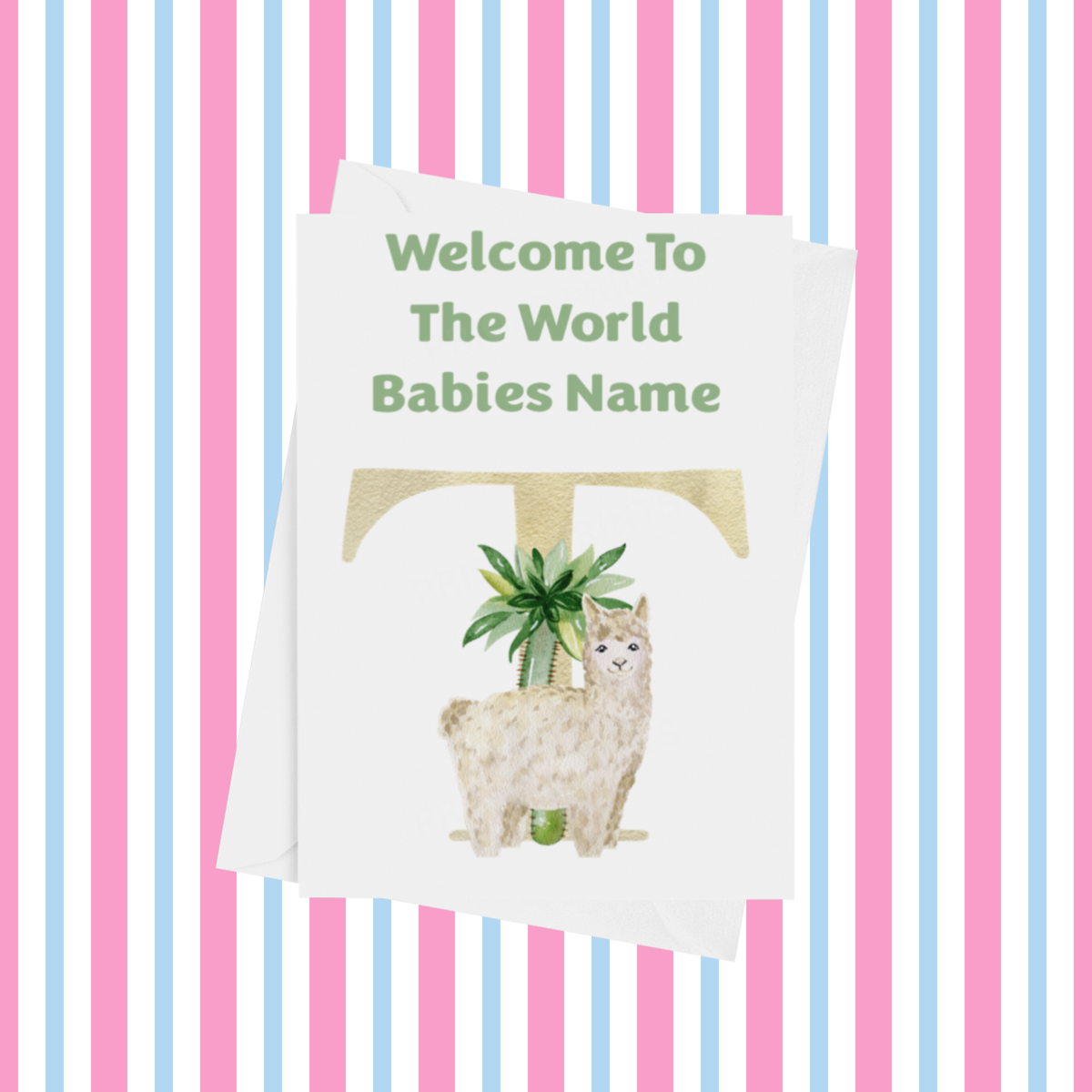 Welcome To The World Llama Personalised Card for New Baby in Green