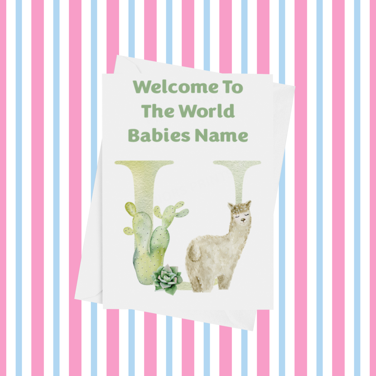 Welcome To The World Llama Personalised Card for New Baby in Green