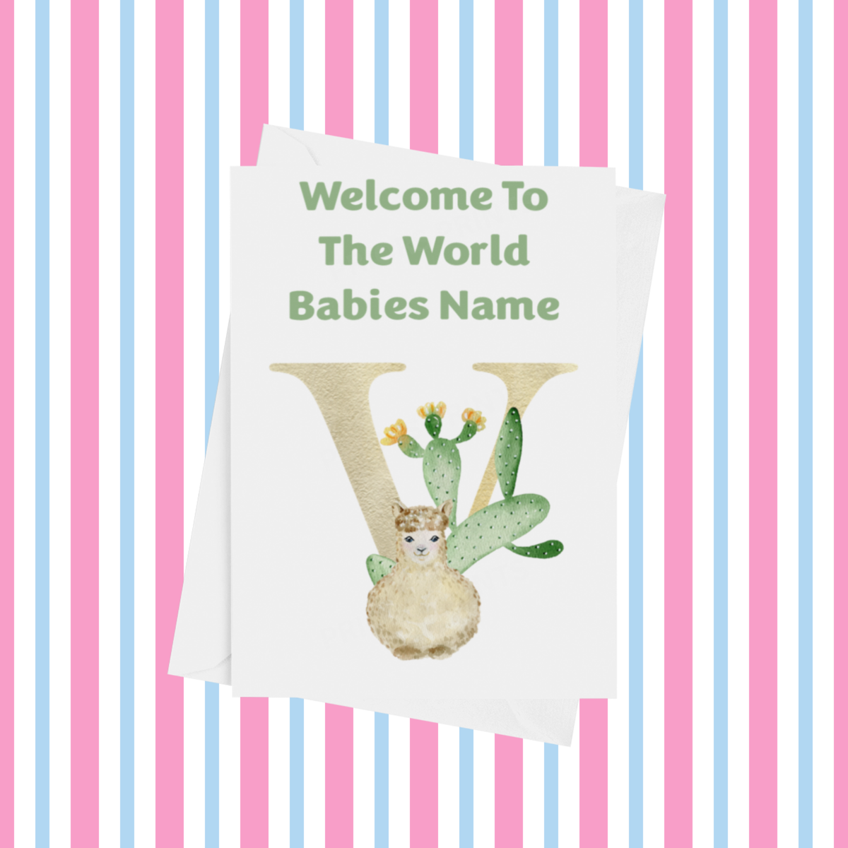 Welcome To The World Llama Personalised Card for New Baby in Green