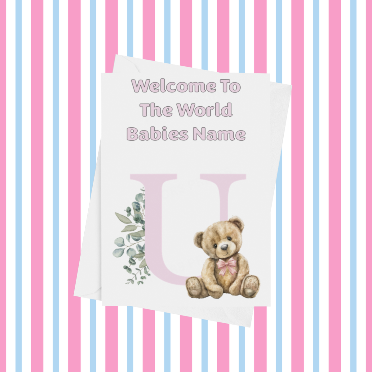 Cute Pink Bear Welcome To The World Personalised Card for New Baby