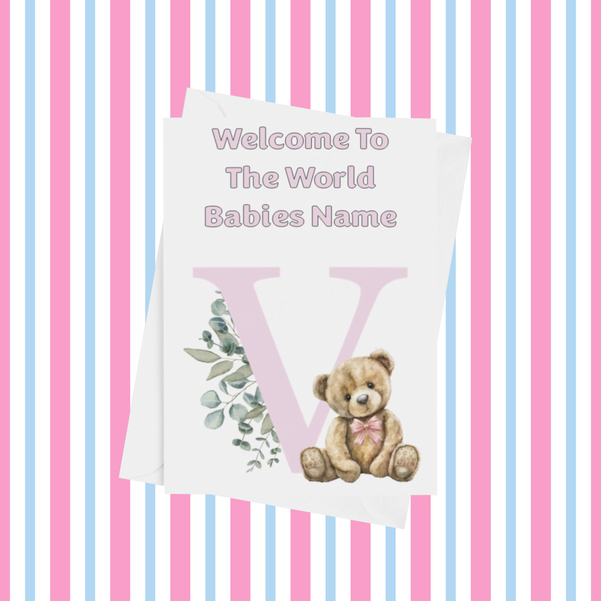 Cute Pink Bear Welcome To The World Personalised Card for New Baby