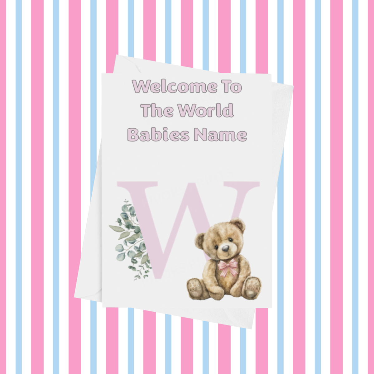 Cute Pink Bear Welcome To The World Personalised Card for New Baby