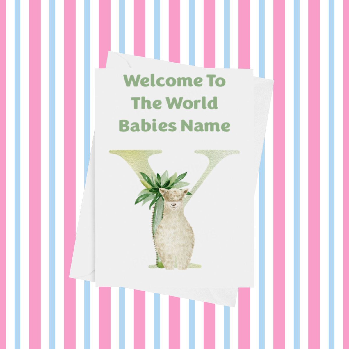 Welcome To The World Llama Personalised Card for New Baby in Green