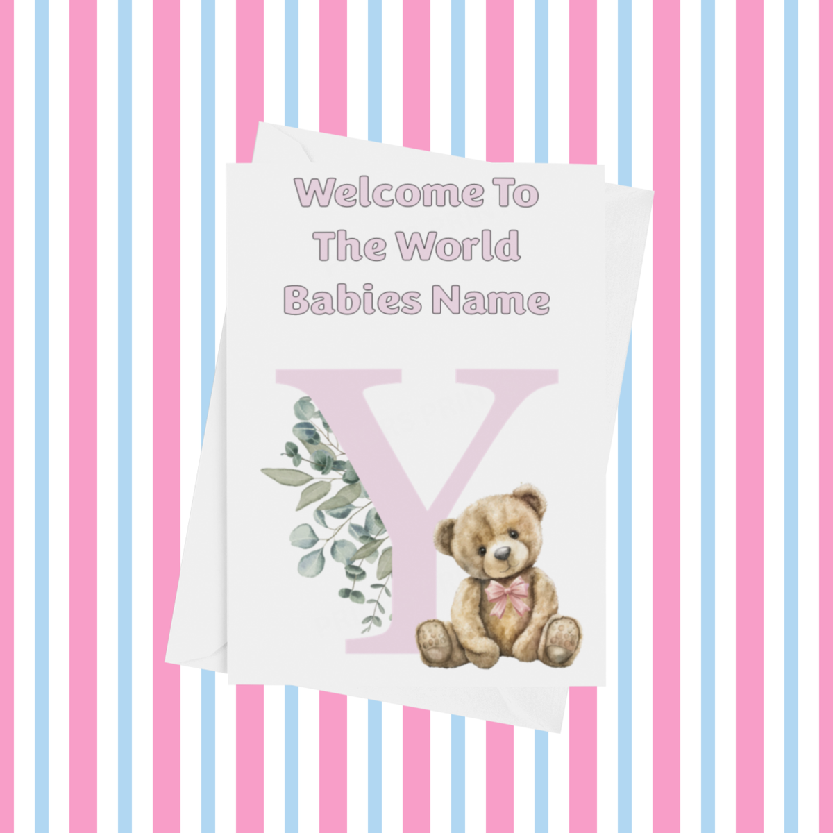 Cute Pink Bear Welcome To The World Personalised Card for New Baby