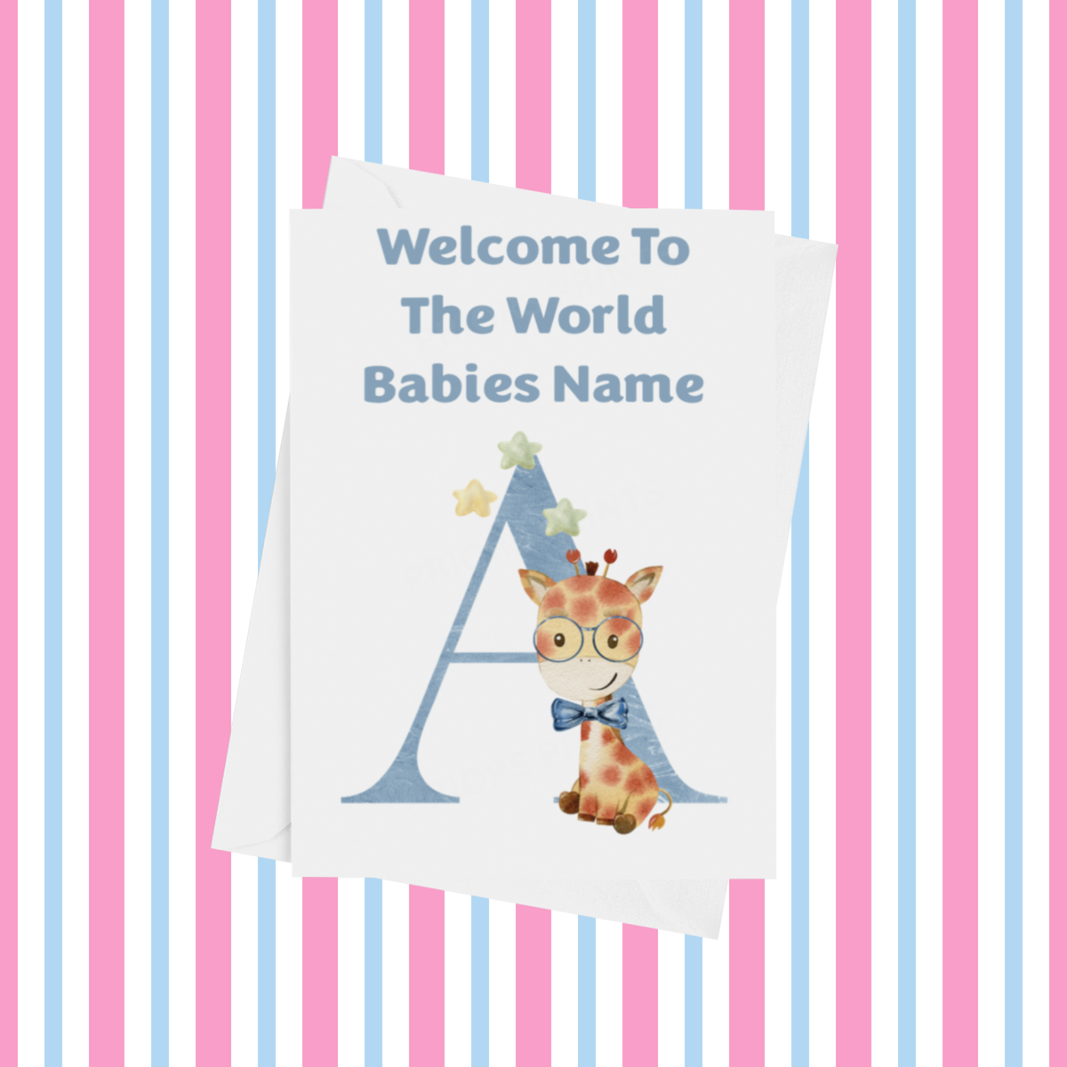 Welcome To The World Giraffe Personalised Card for New Baby in Blue