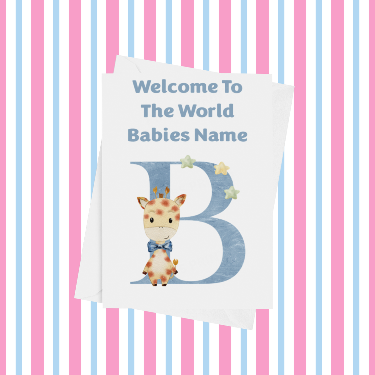Welcome To The World Giraffe Personalised Card for New Baby in Blue