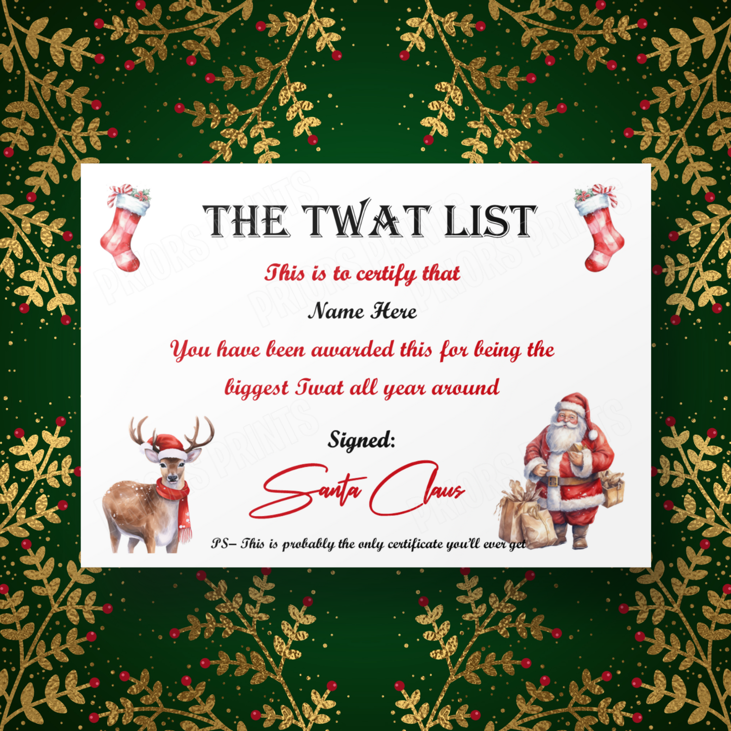 Personalised Twat or Cunt List Christmas Certificate A4