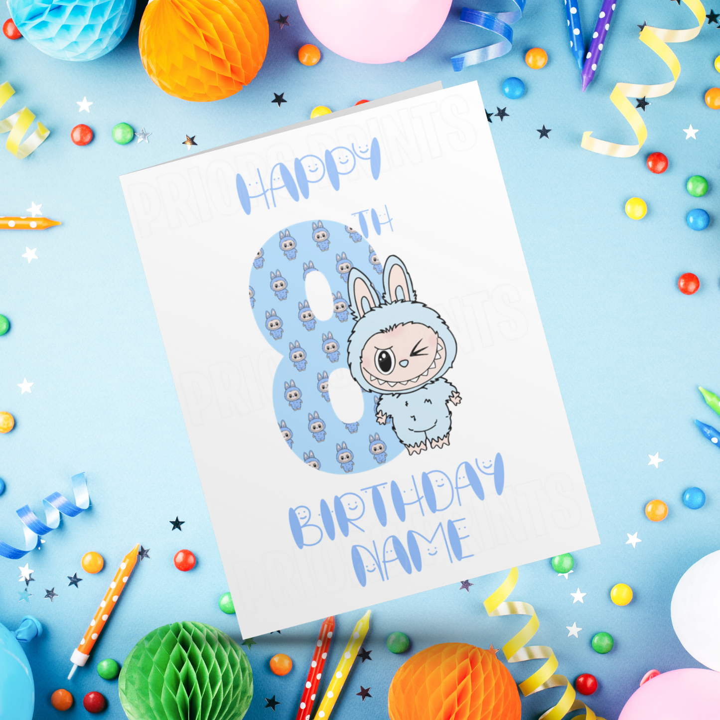 Personalised Labubu Birthday Card with Age 5-20 Years- Blue