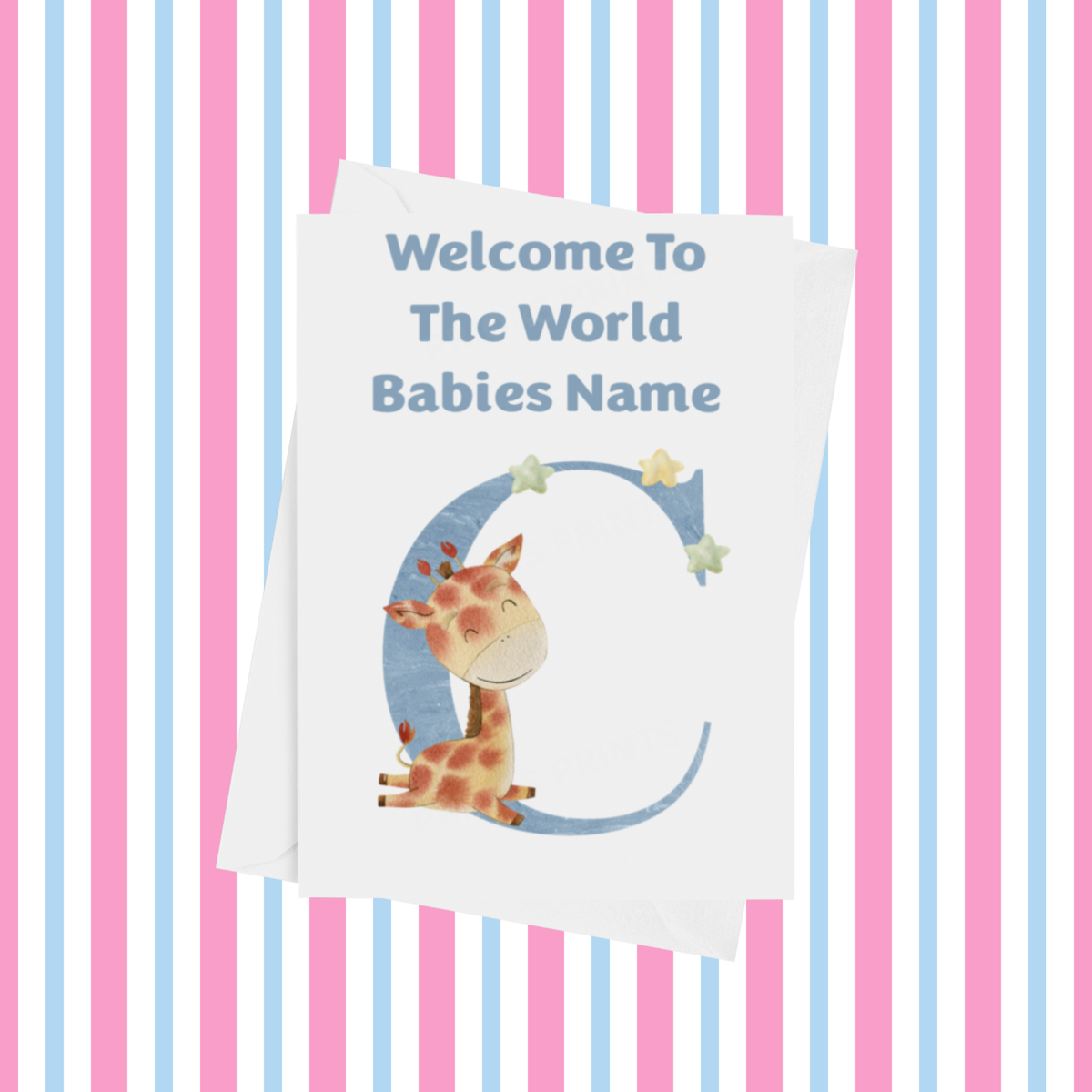Welcome To The World Giraffe Personalised Card for New Baby in Blue