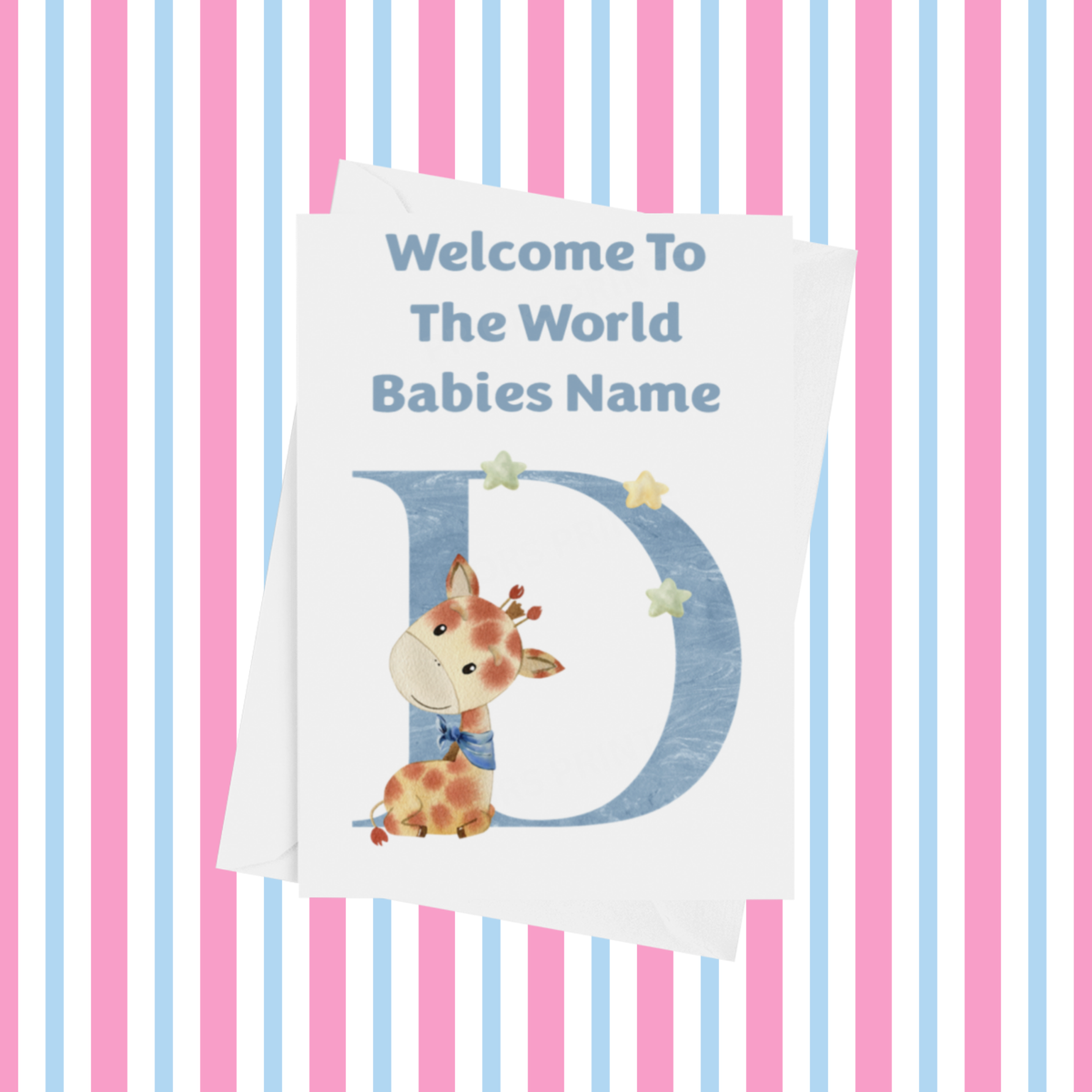 Welcome To The World Giraffe Personalised Card for New Baby in Blue