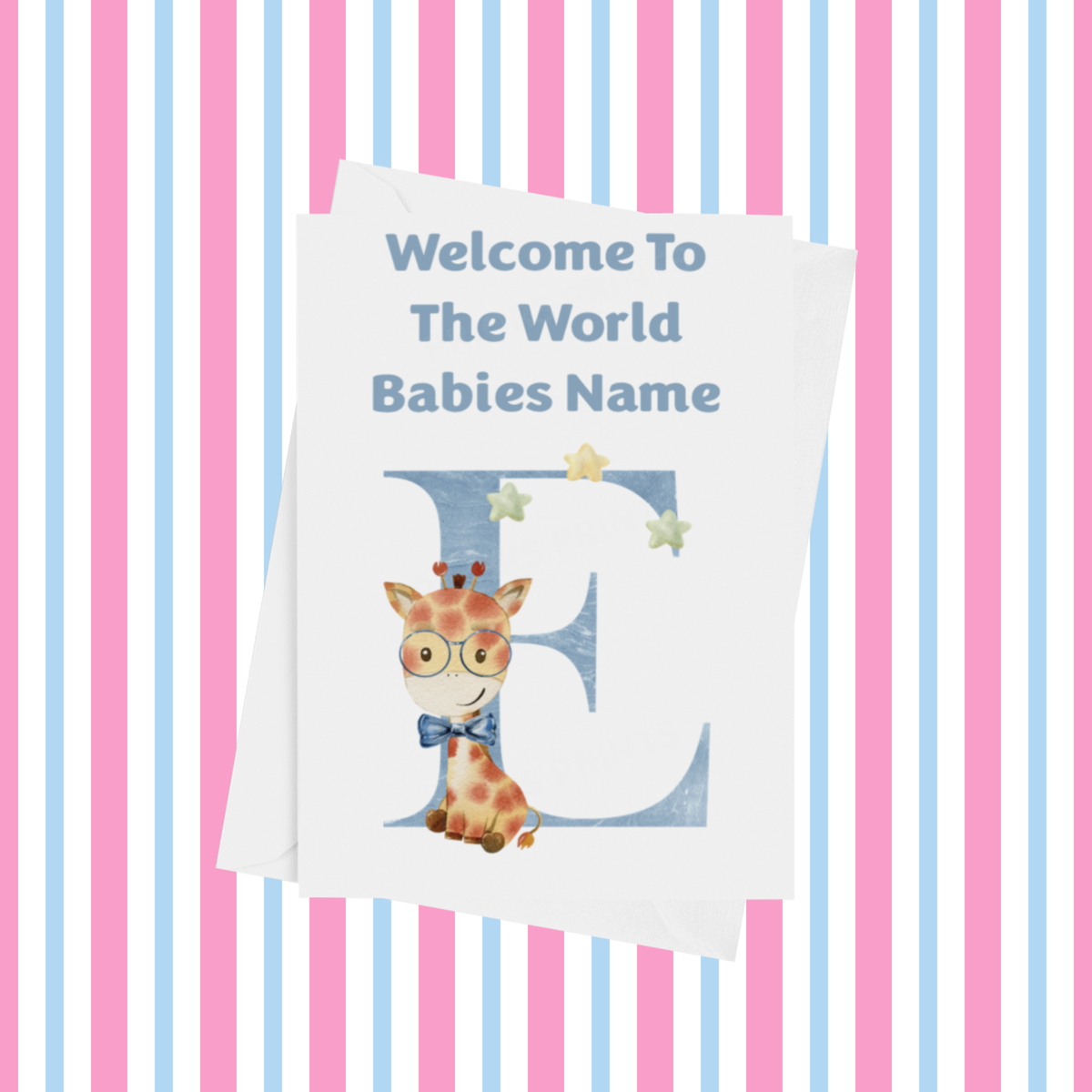 Welcome To The World Giraffe Personalised Card for New Baby in Blue