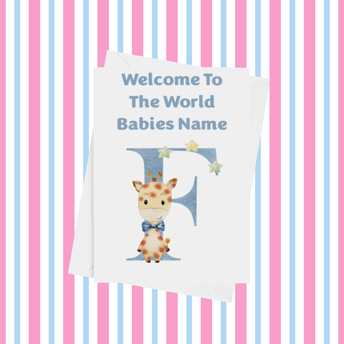 Welcome To The World Giraffe Personalised Card for New Baby in Blue