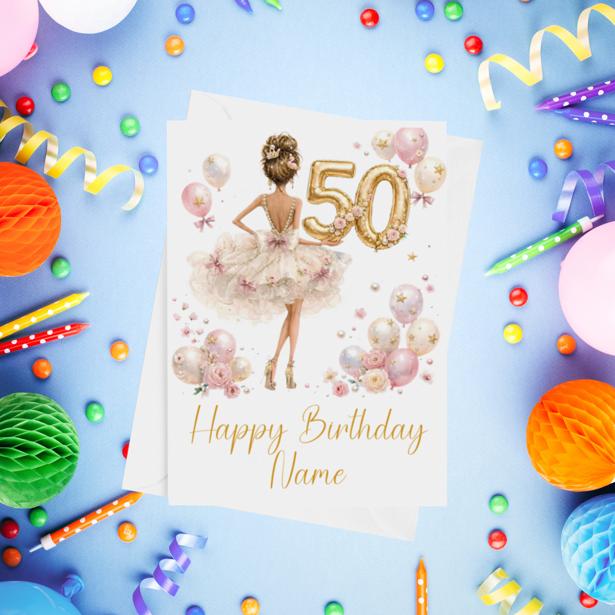 Woman in pretty Dress Personalised Birthday Card with Age