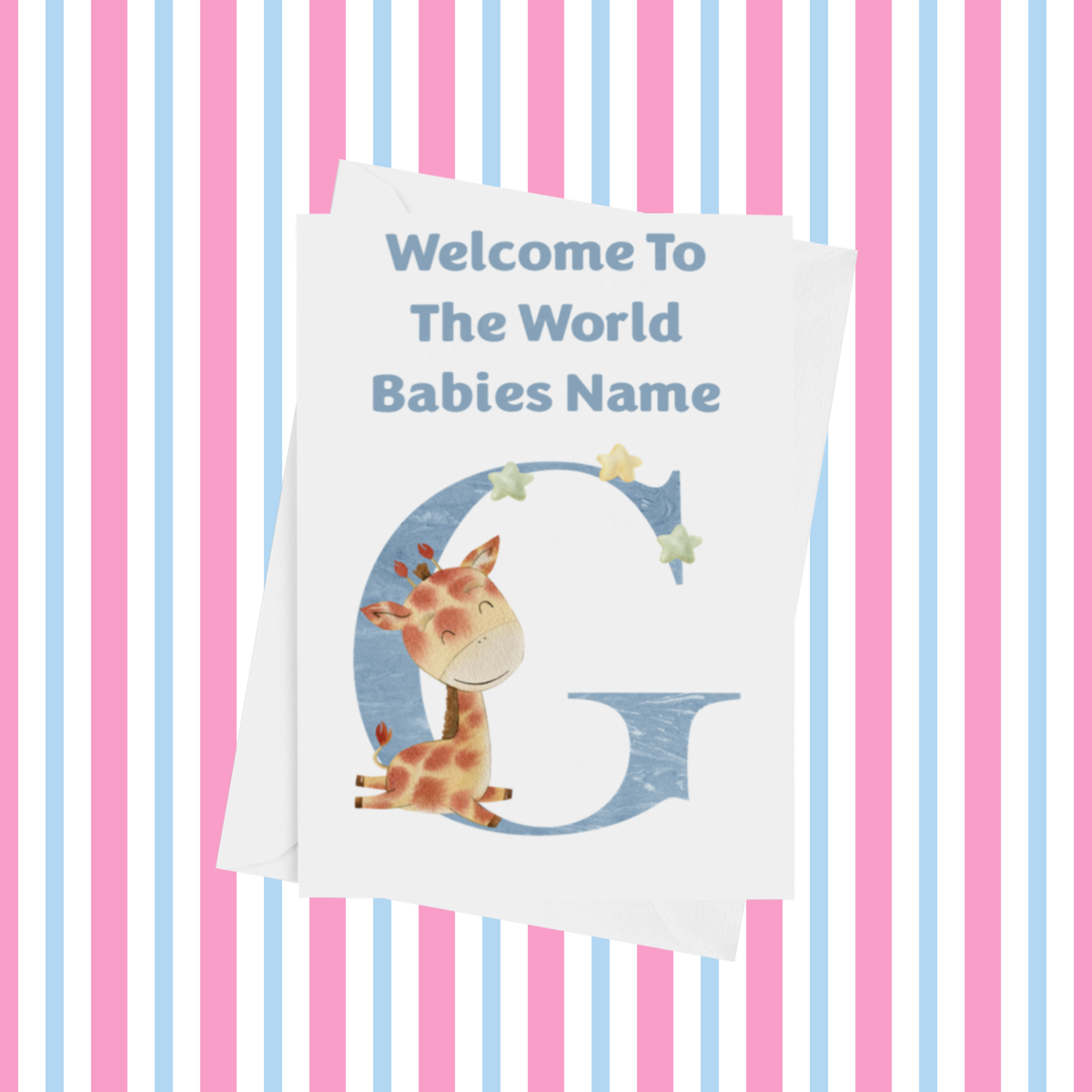 Welcome To The World Giraffe Personalised Card for New Baby in Blue