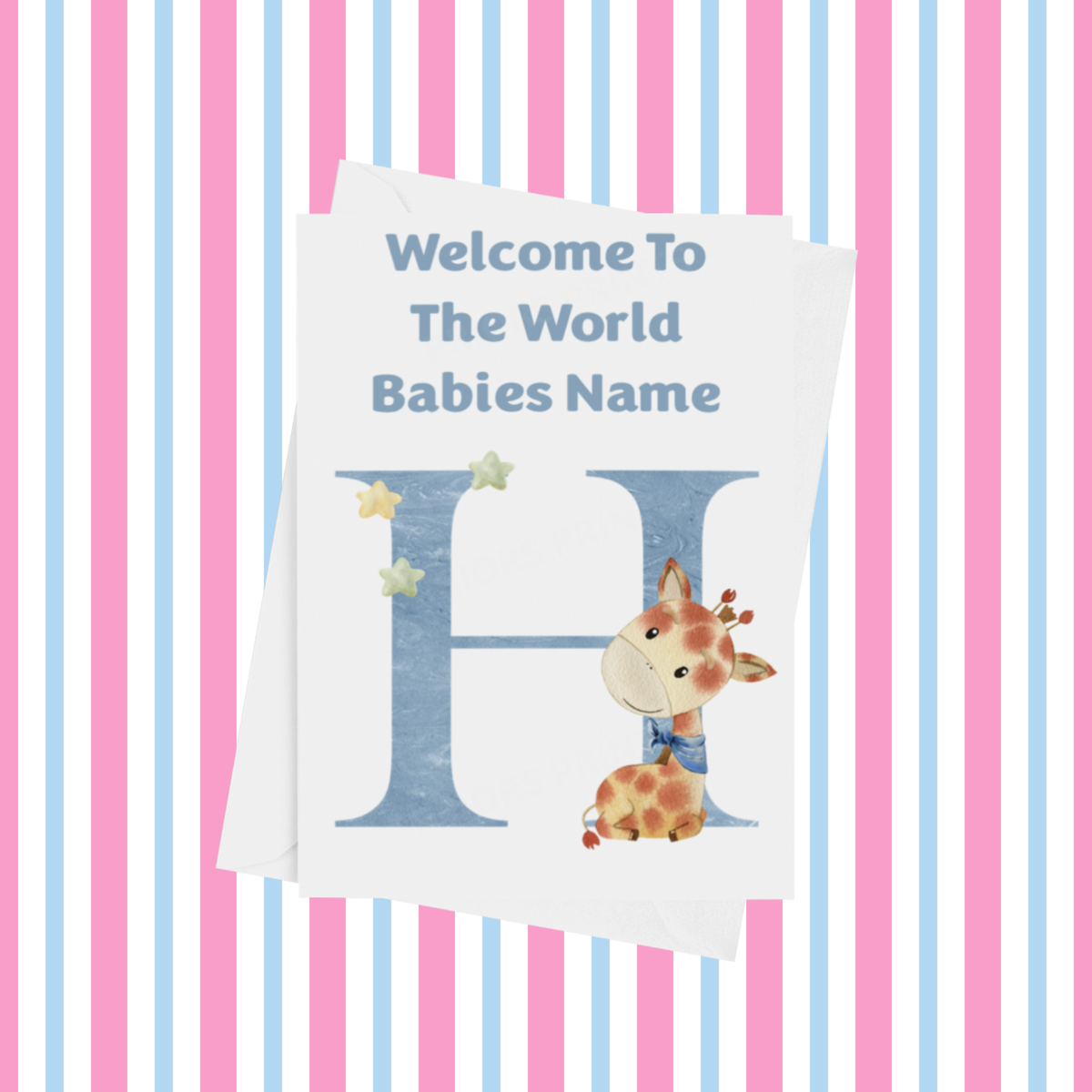 Welcome To The World Giraffe Personalised Card for New Baby in Blue