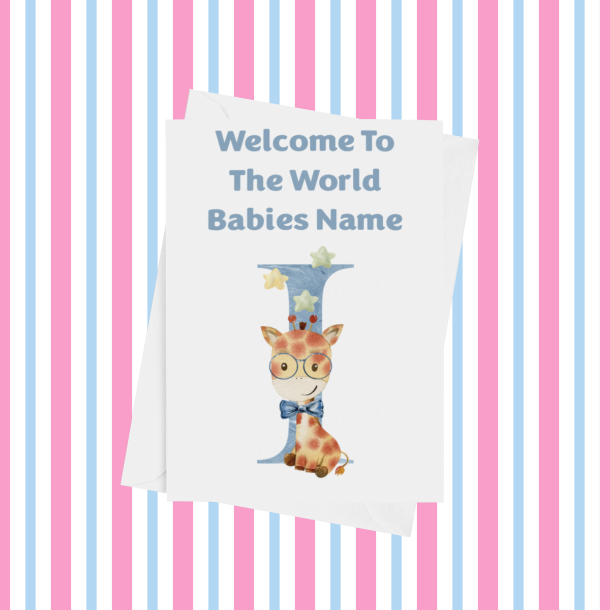 Welcome To The World Giraffe Personalised Card for New Baby in Blue