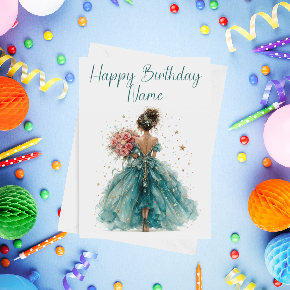 Woman in Pretty Dress Personalised Birthday Card