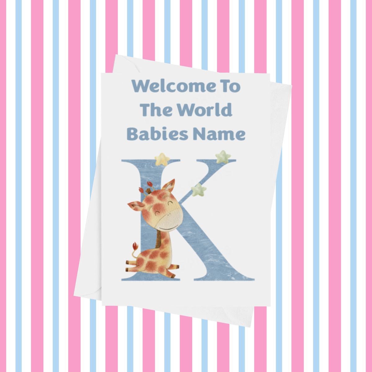 Welcome To The World Giraffe Personalised Card for New Baby in Blue