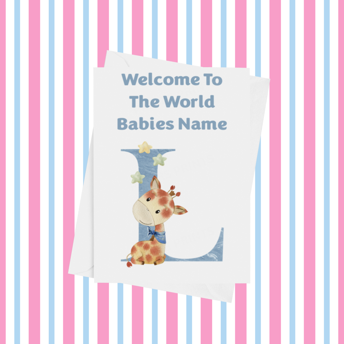 Welcome To The World Giraffe Personalised Card for New Baby in Blue