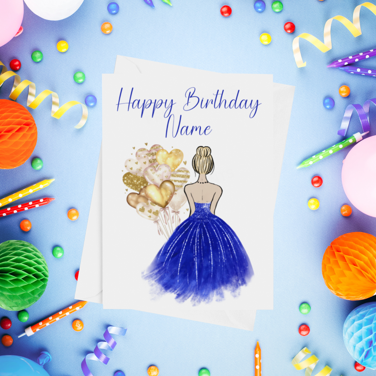 Pretty Dress in Royal Blue Personalised Birthday Card with Choice of Some Skin & Hair Colours