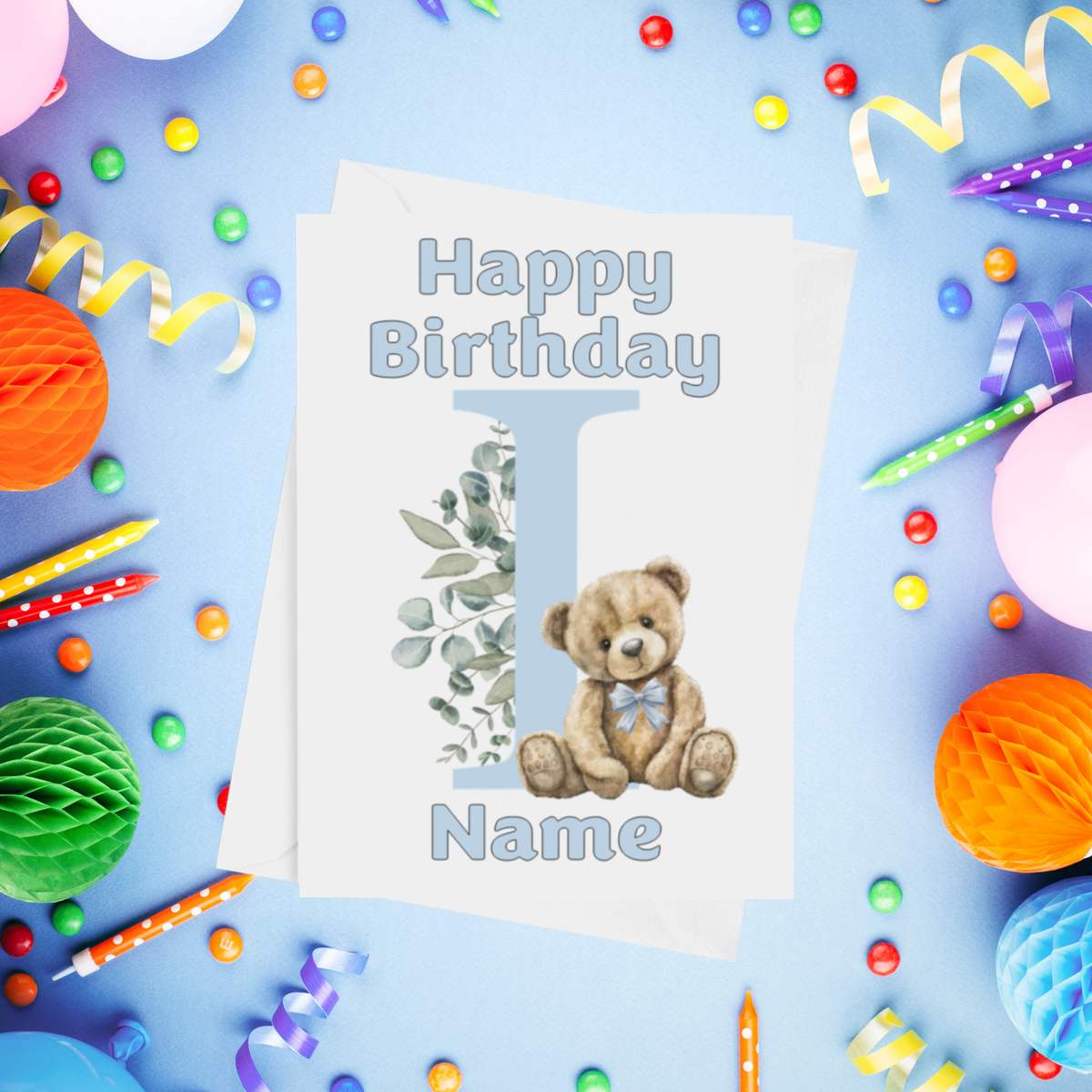 Cute Blue Alphabet Bear Personalised Birthday Card