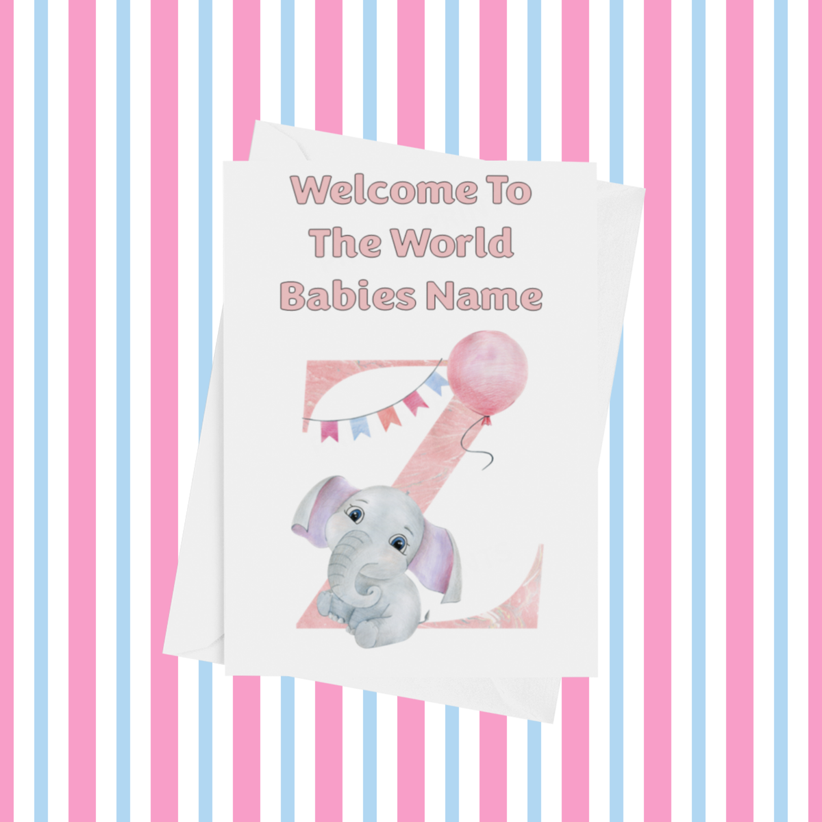 Welcome To The World Elephants Personalised Card for New Baby in Pink