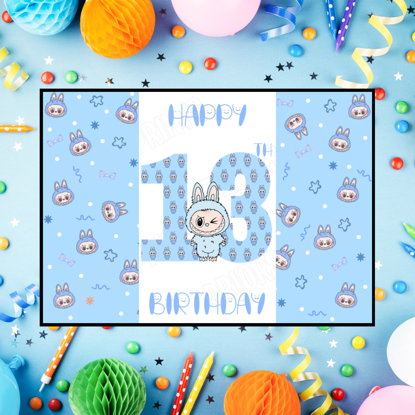 Blue Labubu Birthday Chocolate Bar Wrapper with Age 5-20 Years (Matches Cards)