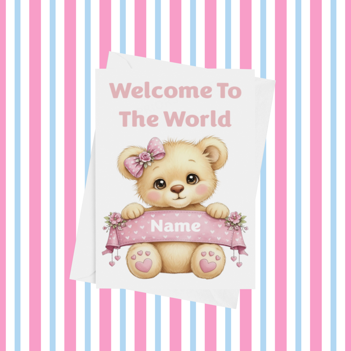 Welcome To The World Personalised Card for New Baby Animals in Pink