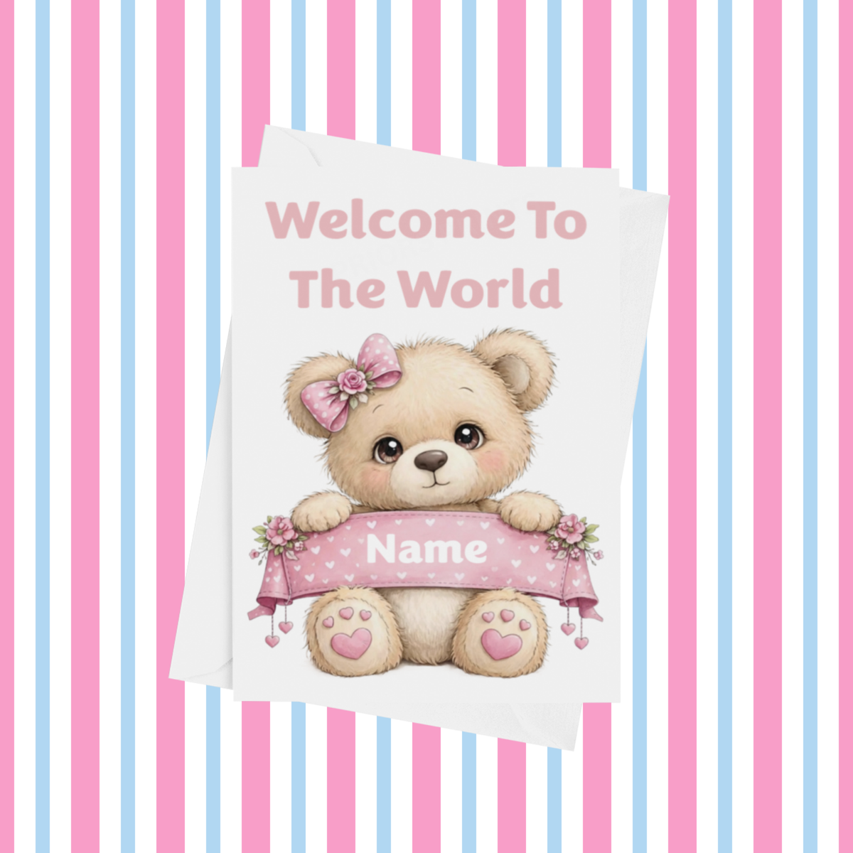 Welcome To The World Personalised Card for New Baby Animals in Pink