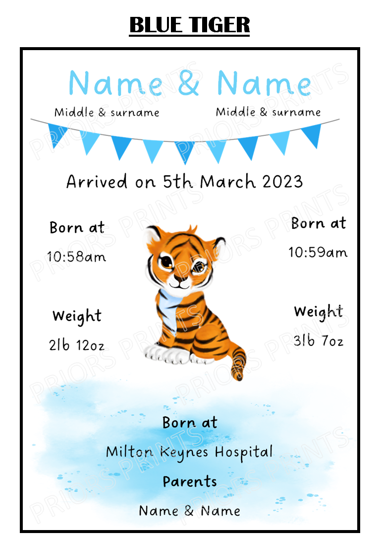 Welcome to the World Twins A4 Print- Elephant, Penguin & Tiger Designs