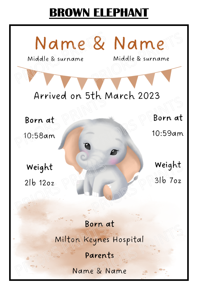 Welcome to the World Twins A4 Print- Elephant, Penguin & Tiger Designs