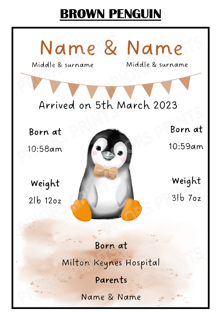 Welcome to the World Twins A4 Print- Elephant, Penguin & Tiger Designs