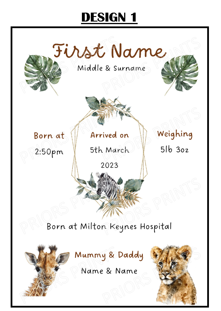 Welcome to the World A4 Print- Safari Animal Designs