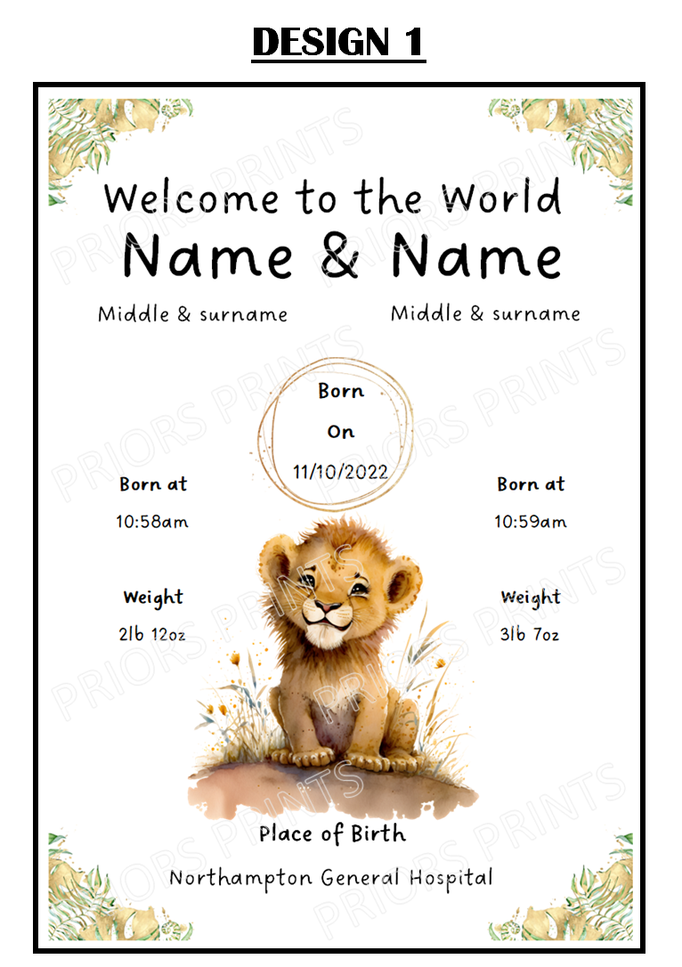 Welcome to the World Twins A4 Print- Safari Animal Designs